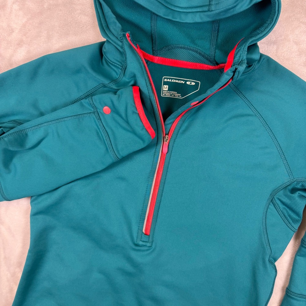 Salomon Actitherm 1/4 Zip Technical Hoodie Womens Teal Fleece Thumbholes Medium